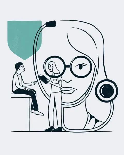 Illustration of a physician, a woman with glasses, in one lens she can see herself in scrubs and stethoscope with a patient. 