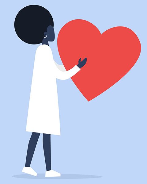 Illustration of a Black woman in a white dress and afro holding a big red heart representing gratitude to front line workers.
