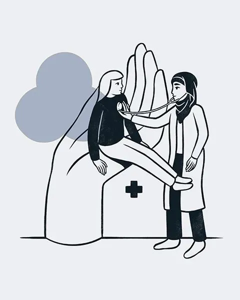 Black and white illustration of a provider using a stethoscope to listen to a patient's heart.