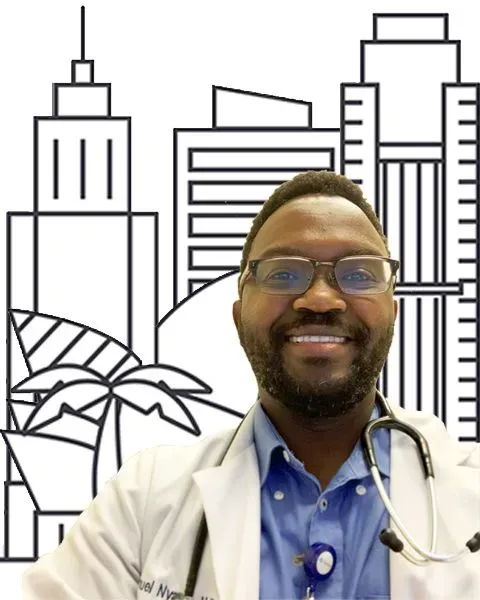 Dr. Samuel Nyamu, a Black man, in a white coat and stethoscope smiling.