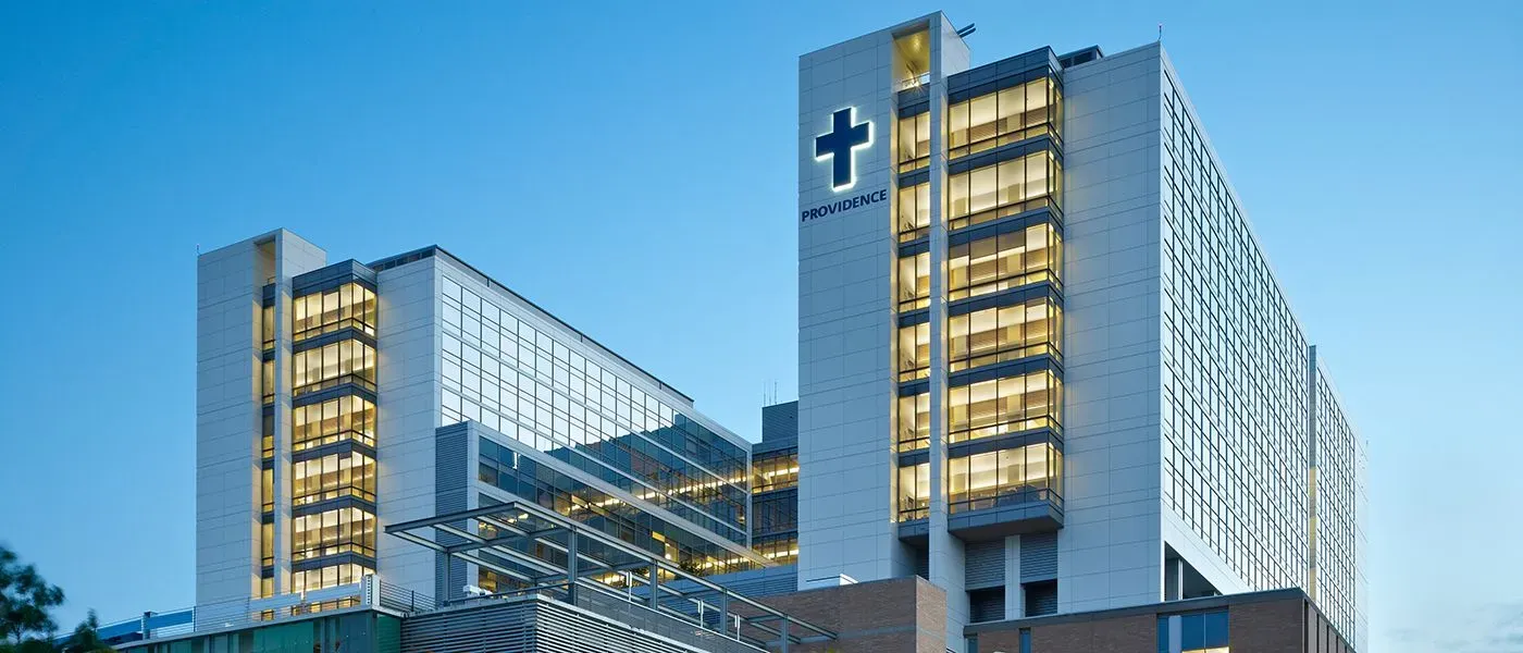 Exterior view at dusk of Providence Regional Medical Center in Everett, Washington.