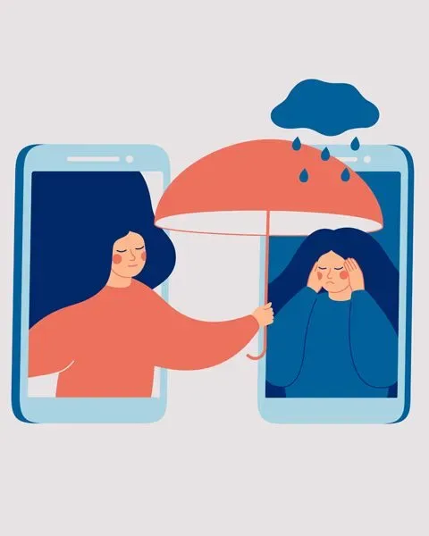 Artwork of two women, each coming of a cell phone, one with a rain cloud overhead, the other with an umbrella, helping her.