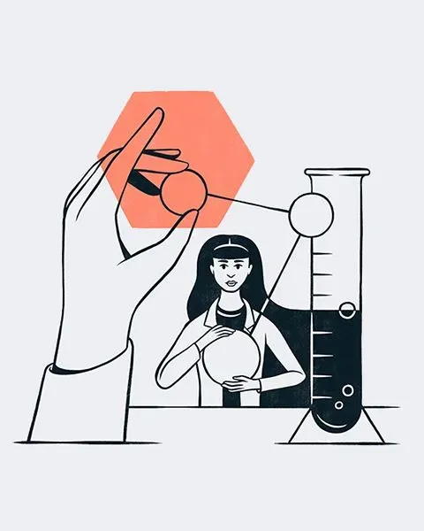 Artwork of a female physician and a hand holding a stylized molecule next to a beaker with liquid in it.