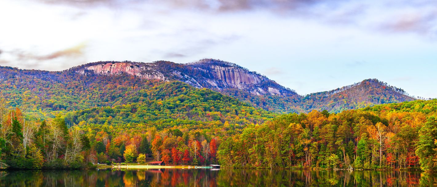 Dusk over Pickens, South Carolina's Pinnacle Mountain: Autumn's serene lake view which is near Greenville, South Carolina.