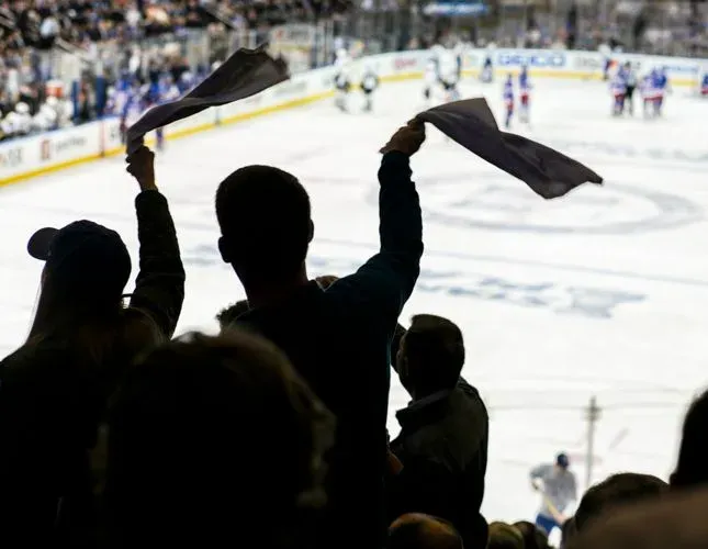 Cheering crowd at a hockey game, Madison Square Garden, Manhattan, New York City where PS&D is hiring physicians.