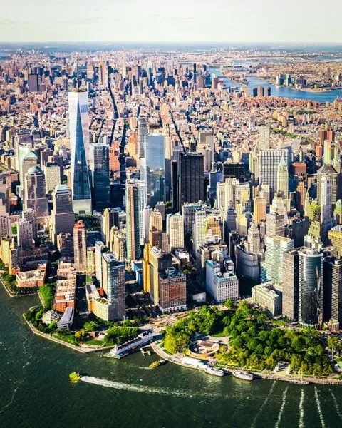 Aerial view of lower Manhattan New York City, where PS&D is hiring physicians.