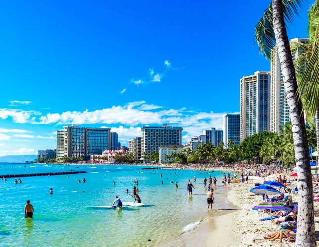 Sunny day at beach in Honolulu, Hawaii where PS&D hires physicians.