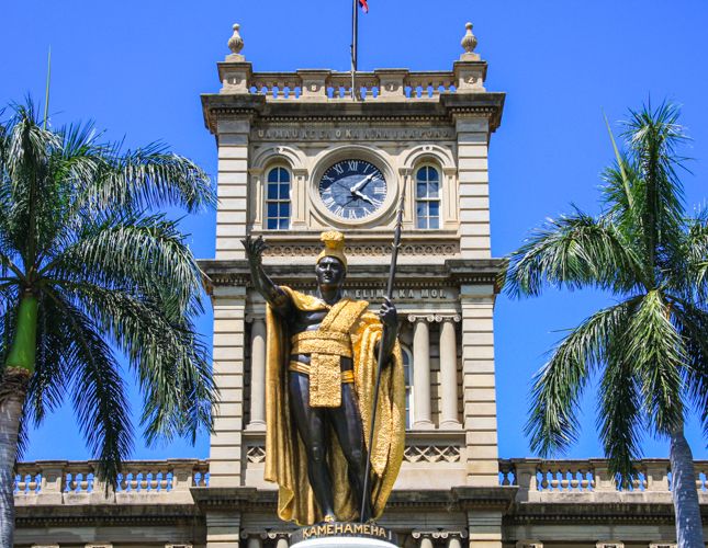 The Kamehameha I statue, by artist Thomas Ridgeway Gould, erected in 1883, in Honolulu, Hawaii where PS&D hires physicians.