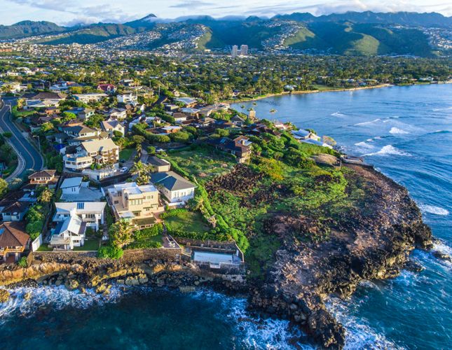 Aerial view of housing at Black Point neighborhood in the Kahala in Honolulu on Oahu, Hawaii where PS&D hires physicians.
