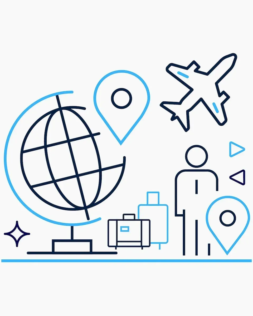 Outline of icons symbolizing travel: airplane, map marker, a gender-neutral person with luggage and spinning globe. 