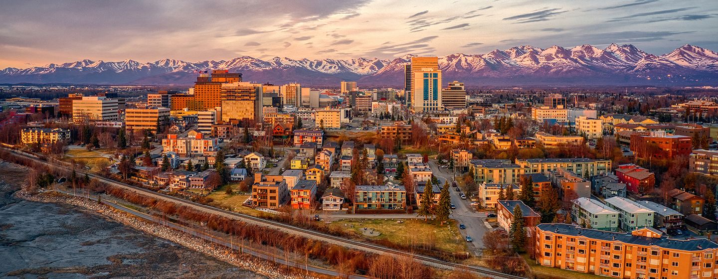 Downtown aerial view of Anchorage, Alaska.