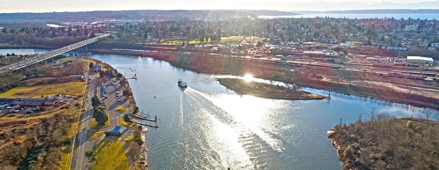 Aerial view in Everett, Washington with river at the center.