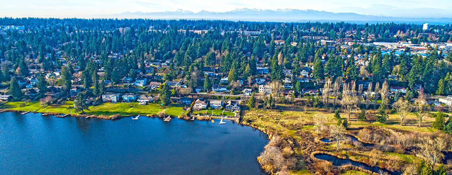 Aerial view in Everett, Washington with river at the center.