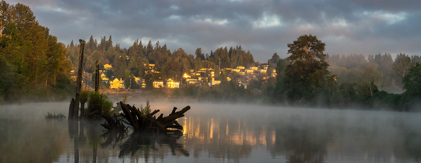 Foggy river in Everett, Washington. 