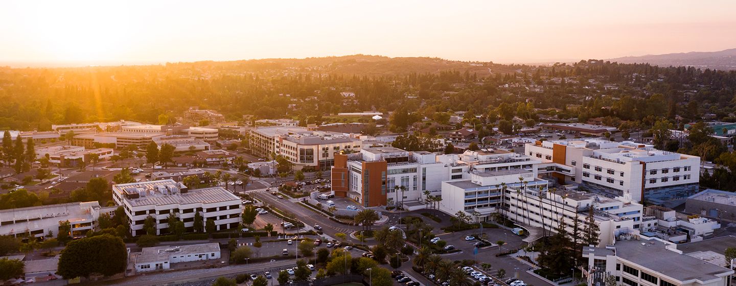 Downtown aerial view at sunset of Fullerton, California.