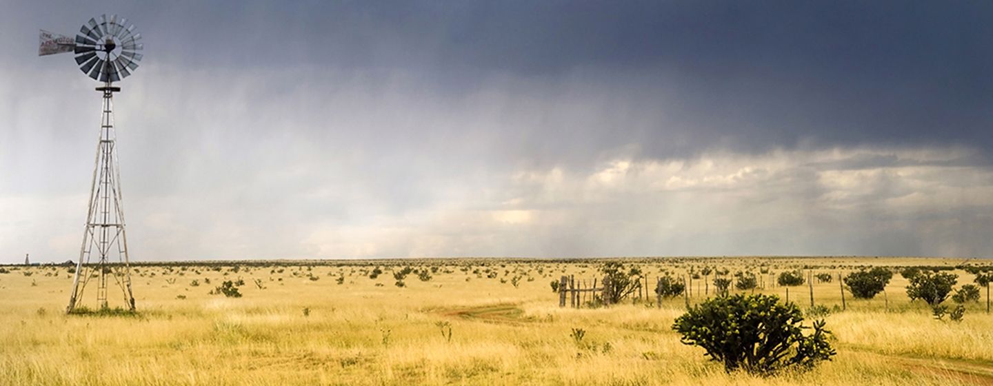 Rustic steel windmill in a field of naturally yellow grass and desert landscape in Lubbock, Texas.