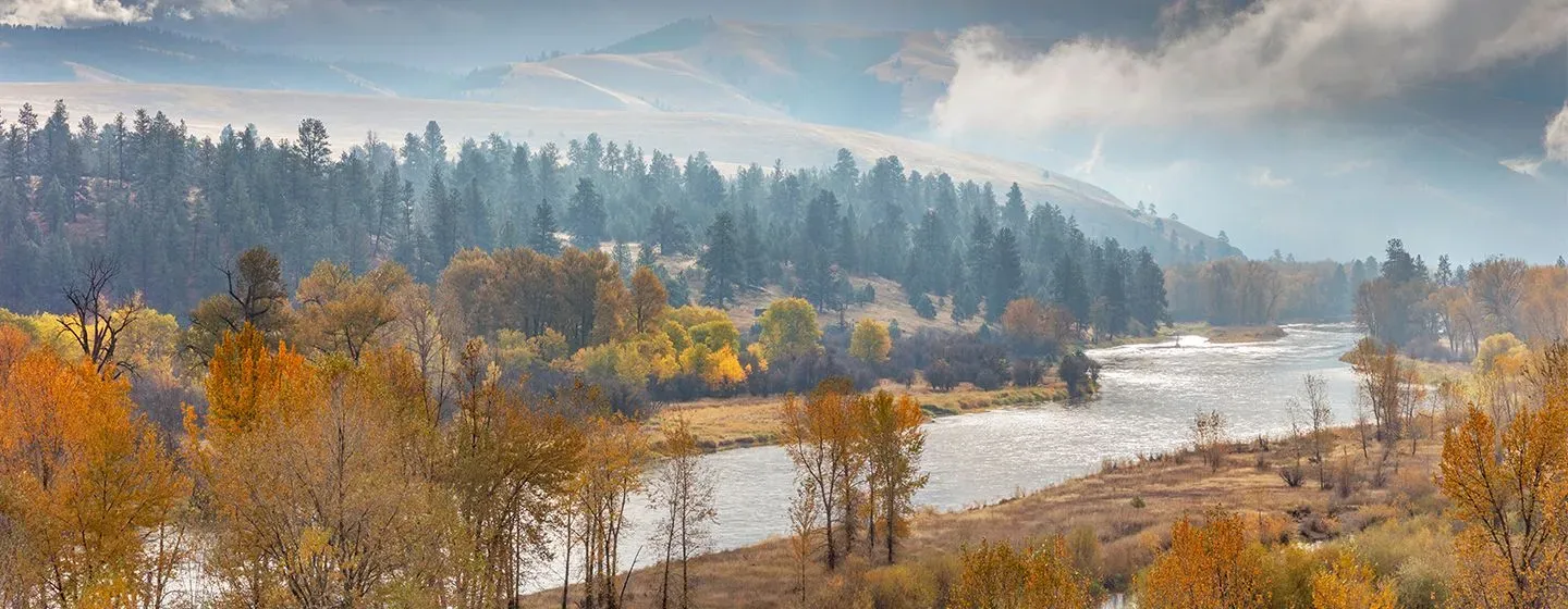 Aerial view of Missoula, Montana with river and trees.