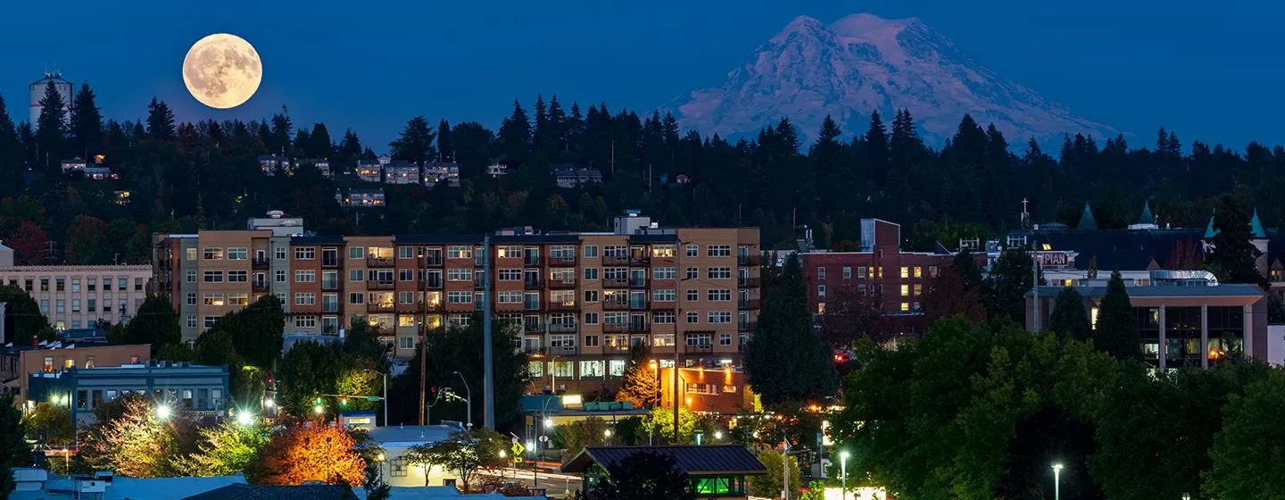 Full moon over downtown in Olympia, Washington.