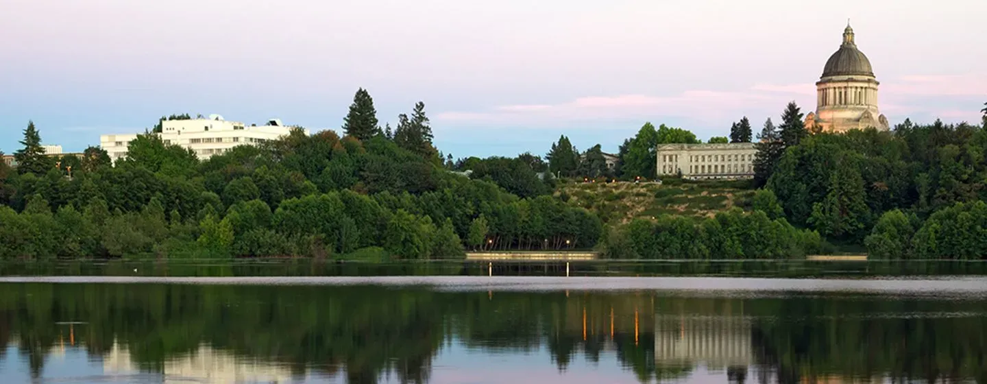 Night cityscape view of downtown in Olympia, Washington.