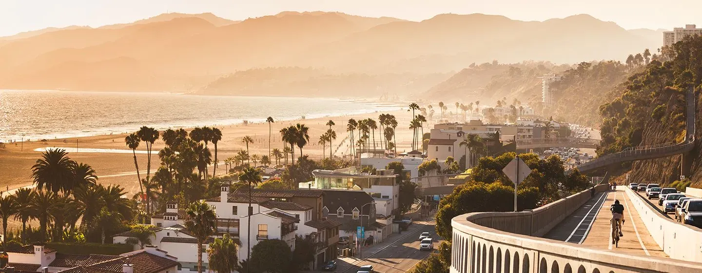 Aerial view of the beach homes in Santa Monica, California.