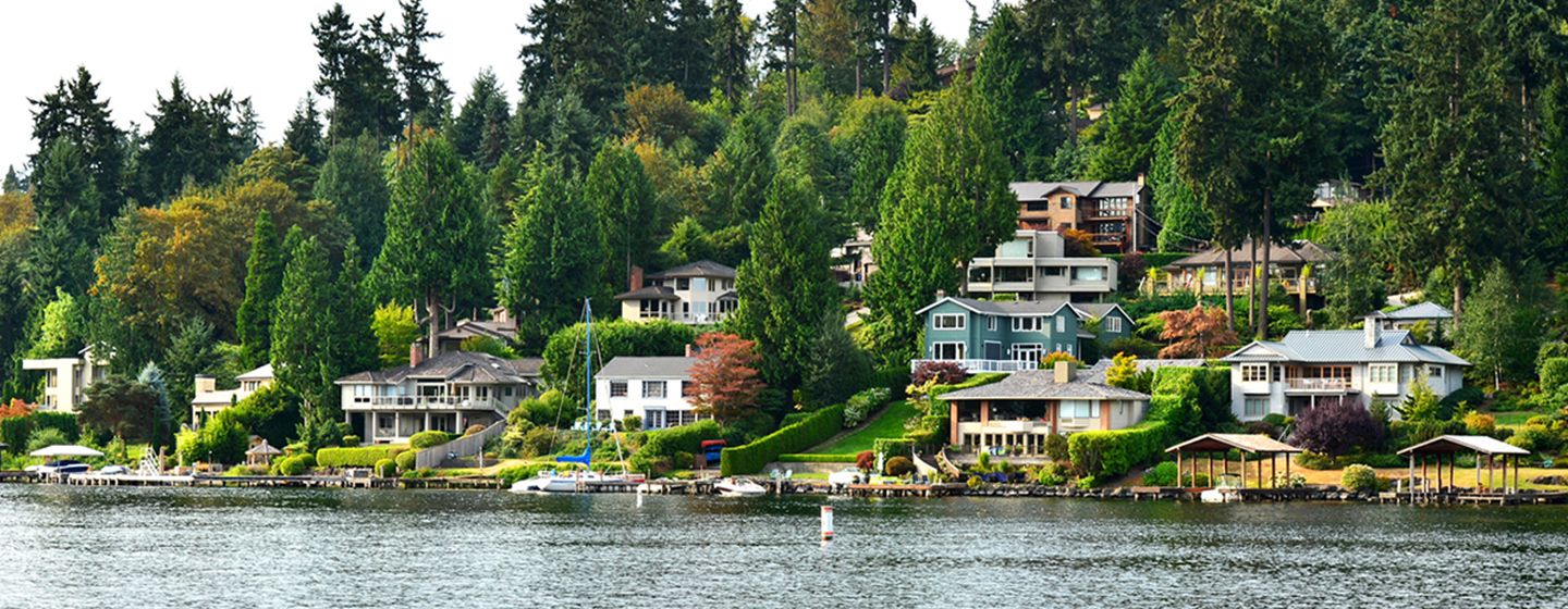 Seattle, Washington's homes by river with a lush forest behind them.