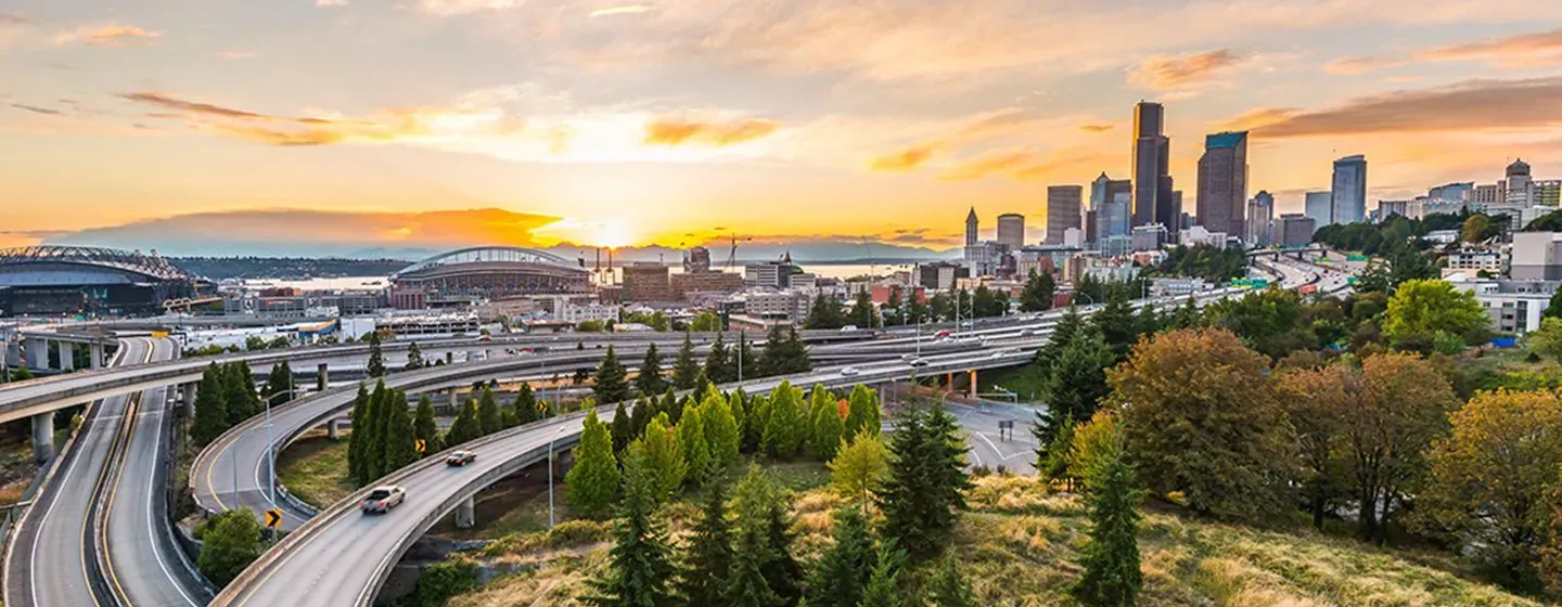 Skyline of downtown Seattle, Washington and highways.