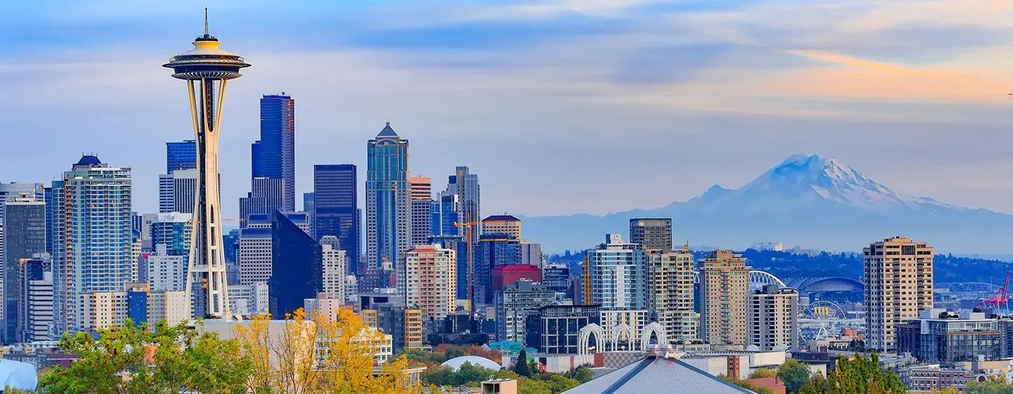 Skyline view of downtown Seattle, Washington with the Space Needle in the foreground.