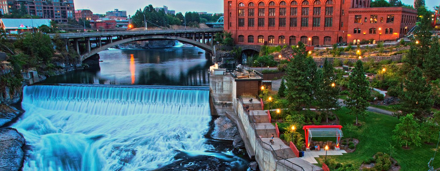 A waterfall in in the downtown city of Spokane, Washington, known as Spokane Falls,