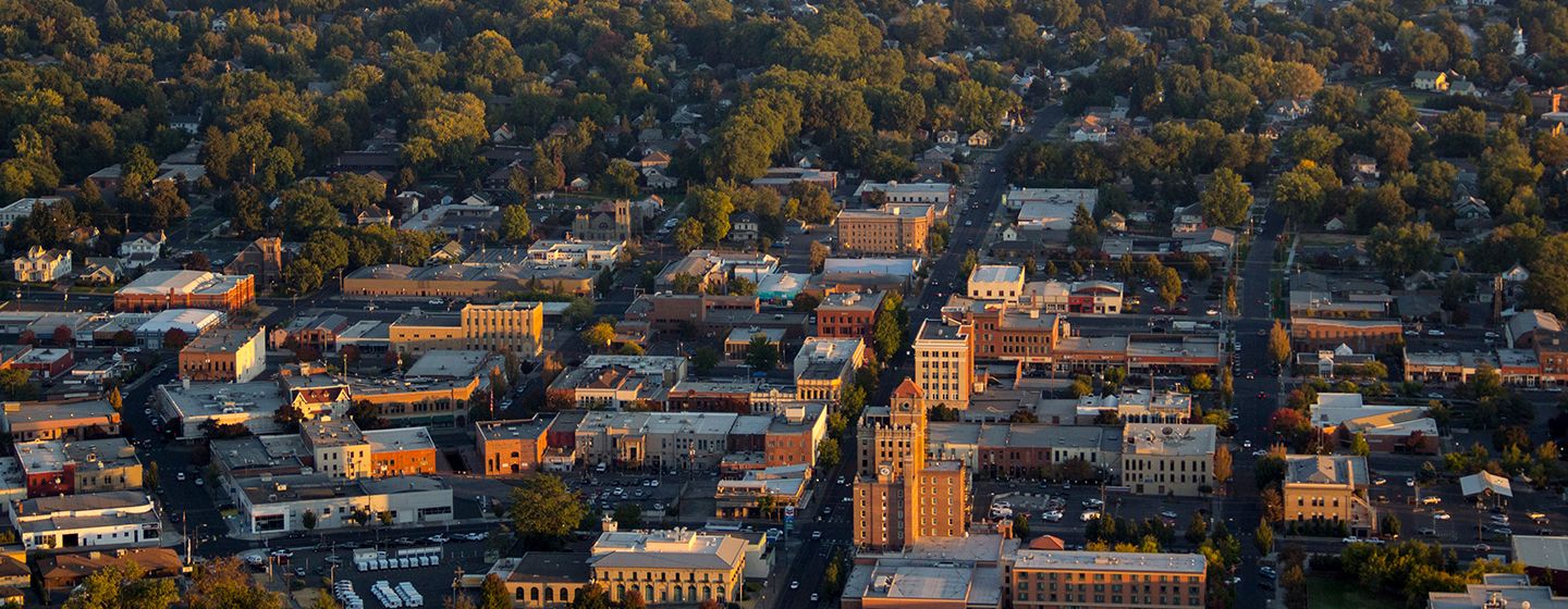Aerial view of downtown Walla Walla, Washington at sunset.