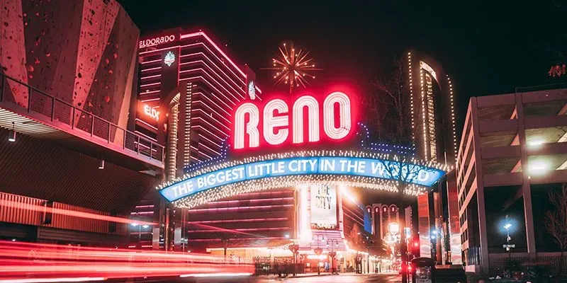 Reno, Nevada famous neon sign at entrance city that says, "The Biggest Little City in the World."