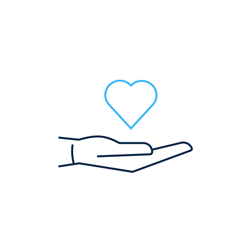 Icon drawing a hand holding a heart representing our thoughtful approach in helping physicians with careers.