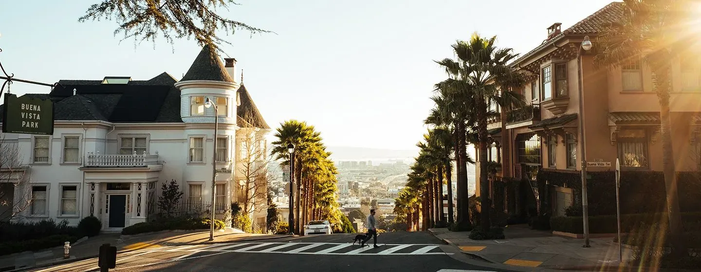 San Francisco crosswalk with a downtown view in California.