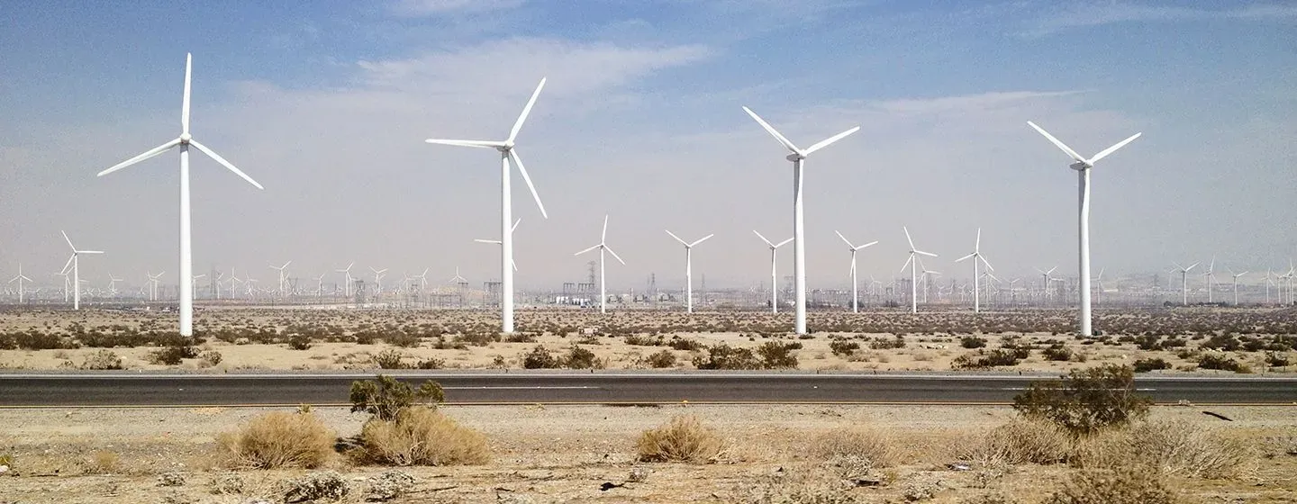 Windmills in a desert in California.