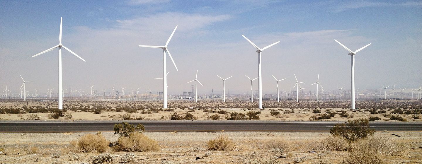 Windmills in a desert in California.