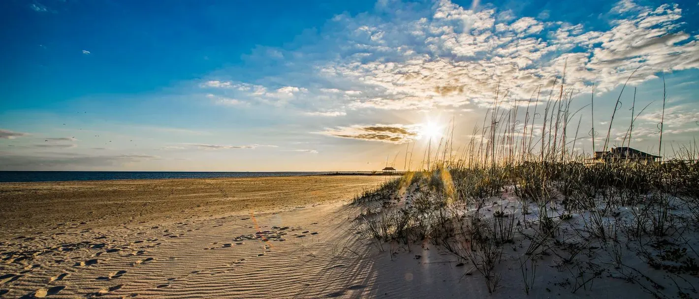 Louisiana unrise over a sandy beach with sea oats and a clear blue sky.