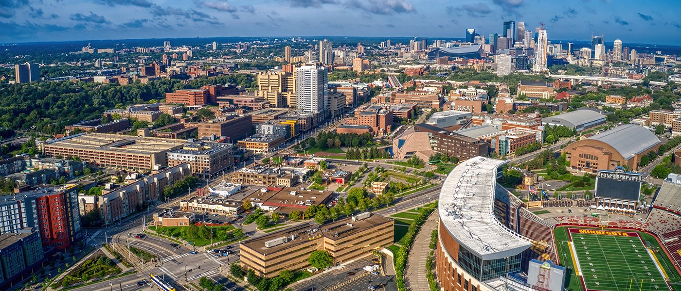 An aerial view of a large University in downtown Minneapolis. MN, where our Physician Recruiters help hire physicians.