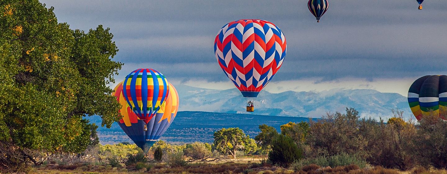Hot air balloons floating up in the state of New Mexico.