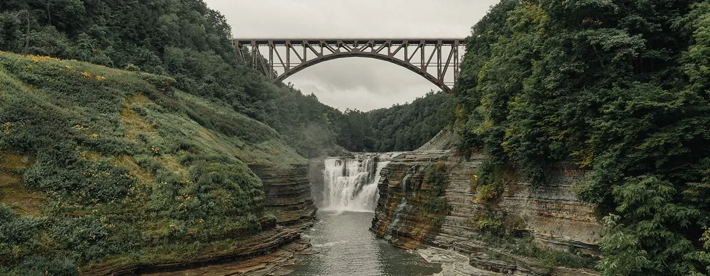 A bridge over a river with a forest on both sides in New York.