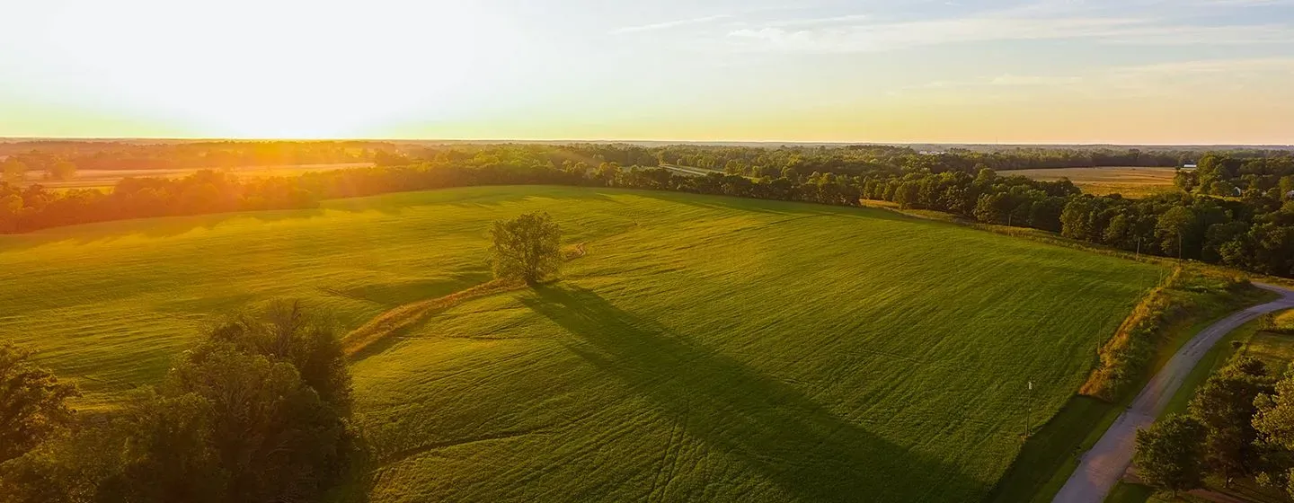Sunset aerial view of a grassy meadow in Ohio.