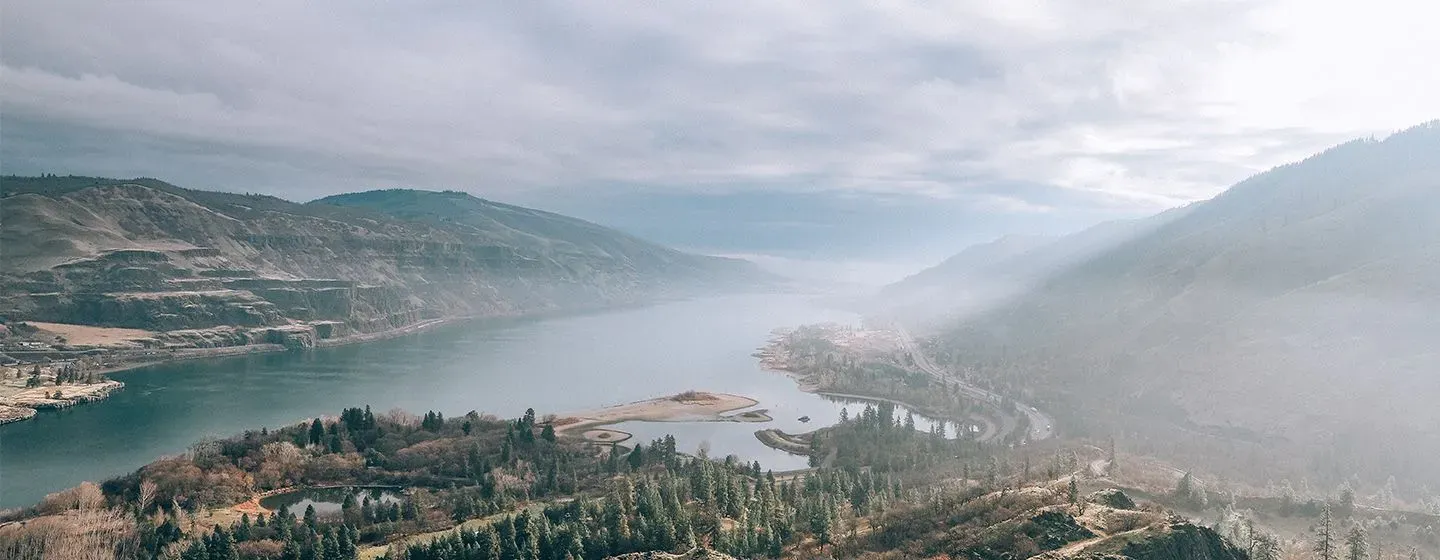 Aerial view of a foggy forest next to a river in Oregon.