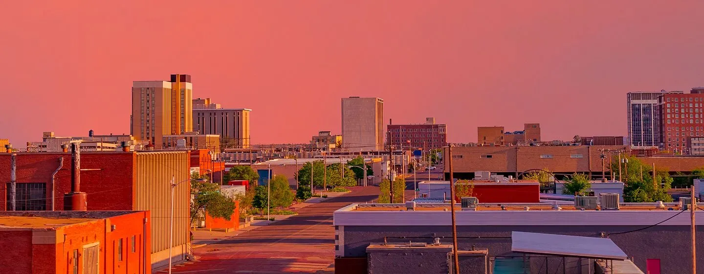 Downtown skyline at sunset in Texas.