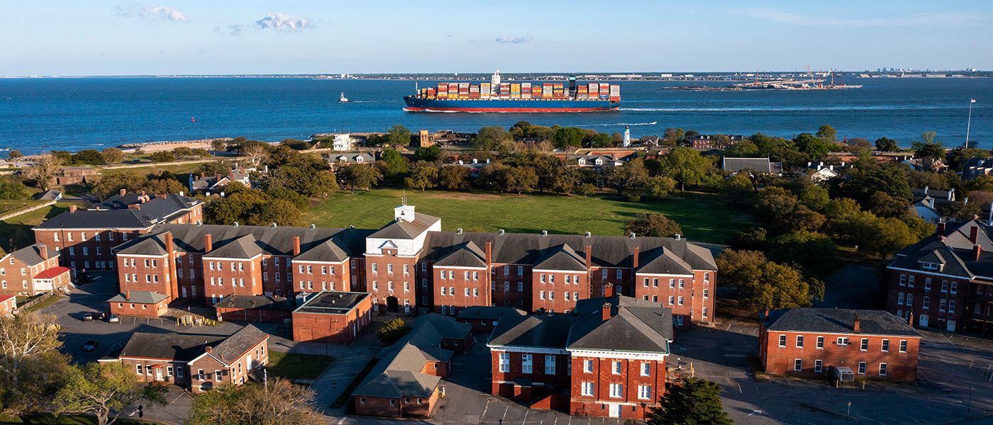 Aerial view of Fort Monroe as a container ship passes by in the Chesapeake Bay in Virginia, where PS&D is hiring physicians.