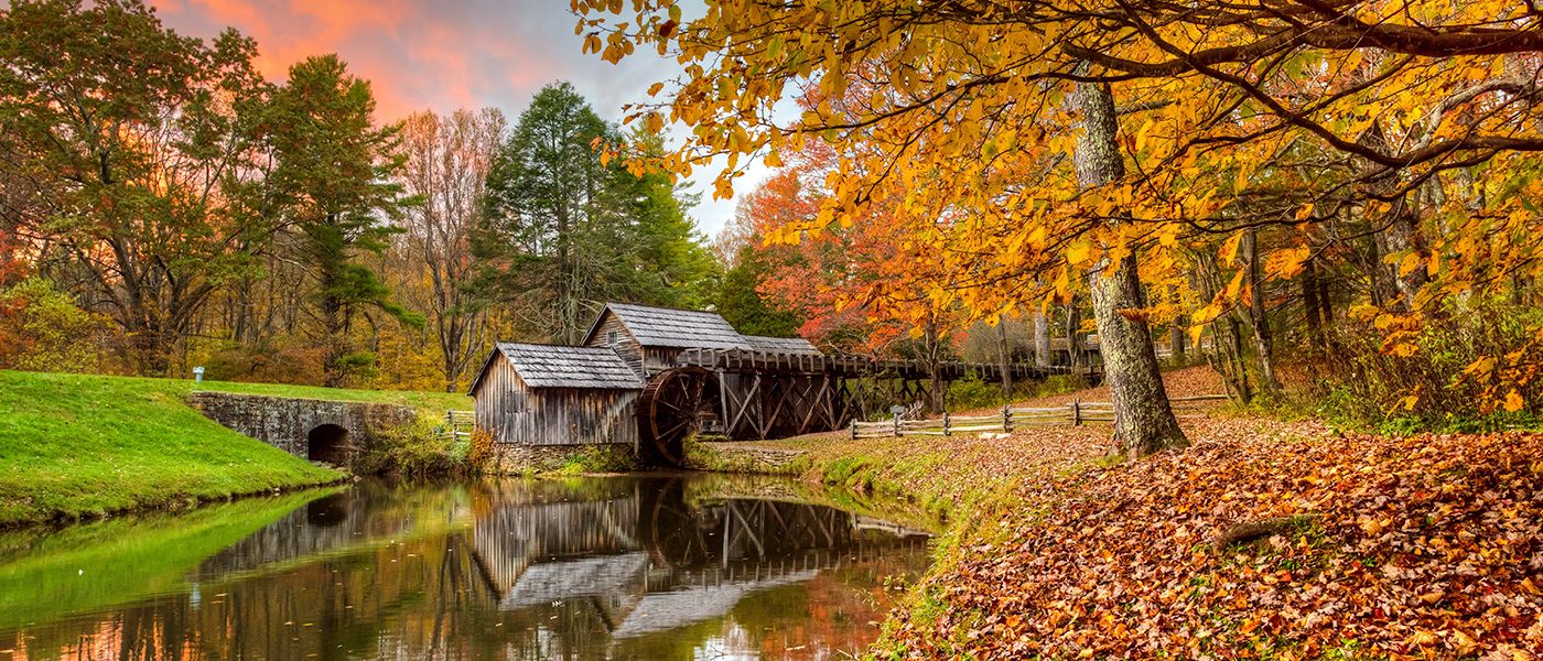 Mabry Mill in autumn on the Blue Ridge Parkway in Virginia, where PS&D is hiring physicians.