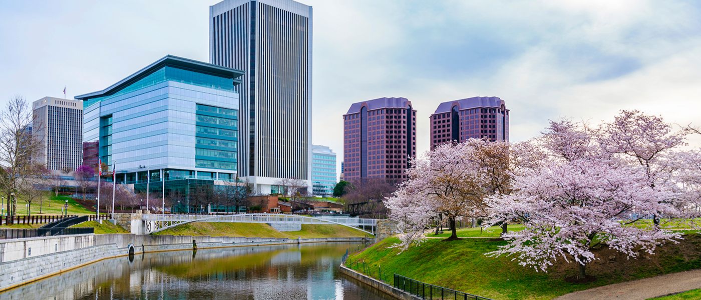 Richmond, Virginia skyline with cherry blossoms and river in the forefront; where PS&D is hiring physicians.