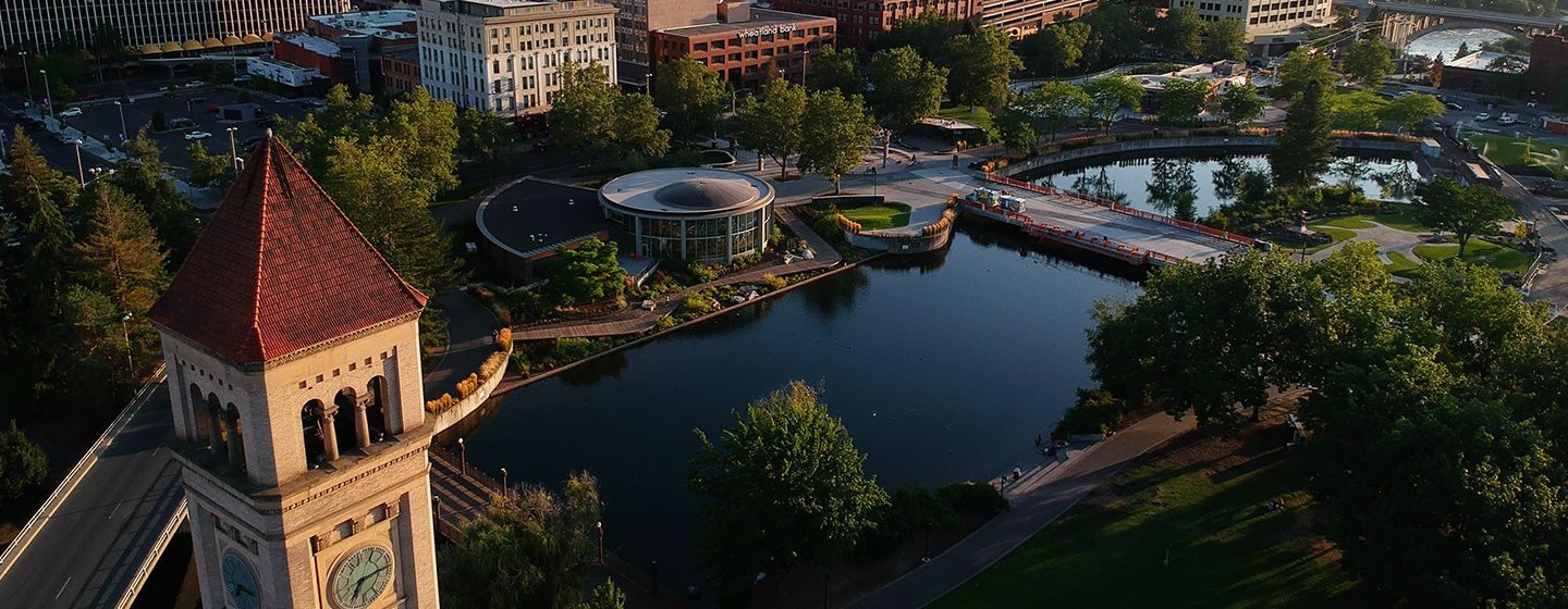 Aerial view of Clock Tower and Riverfront Park in Spokane, Washington.