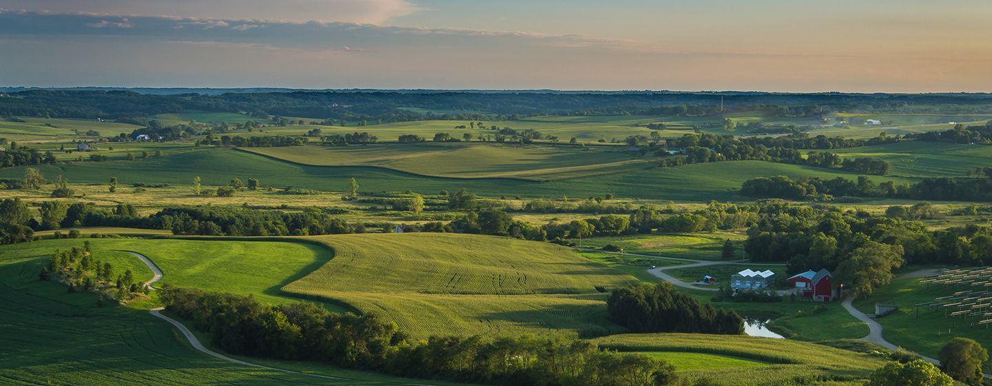 Aerial view of green meadow and hills in Wisconsin.